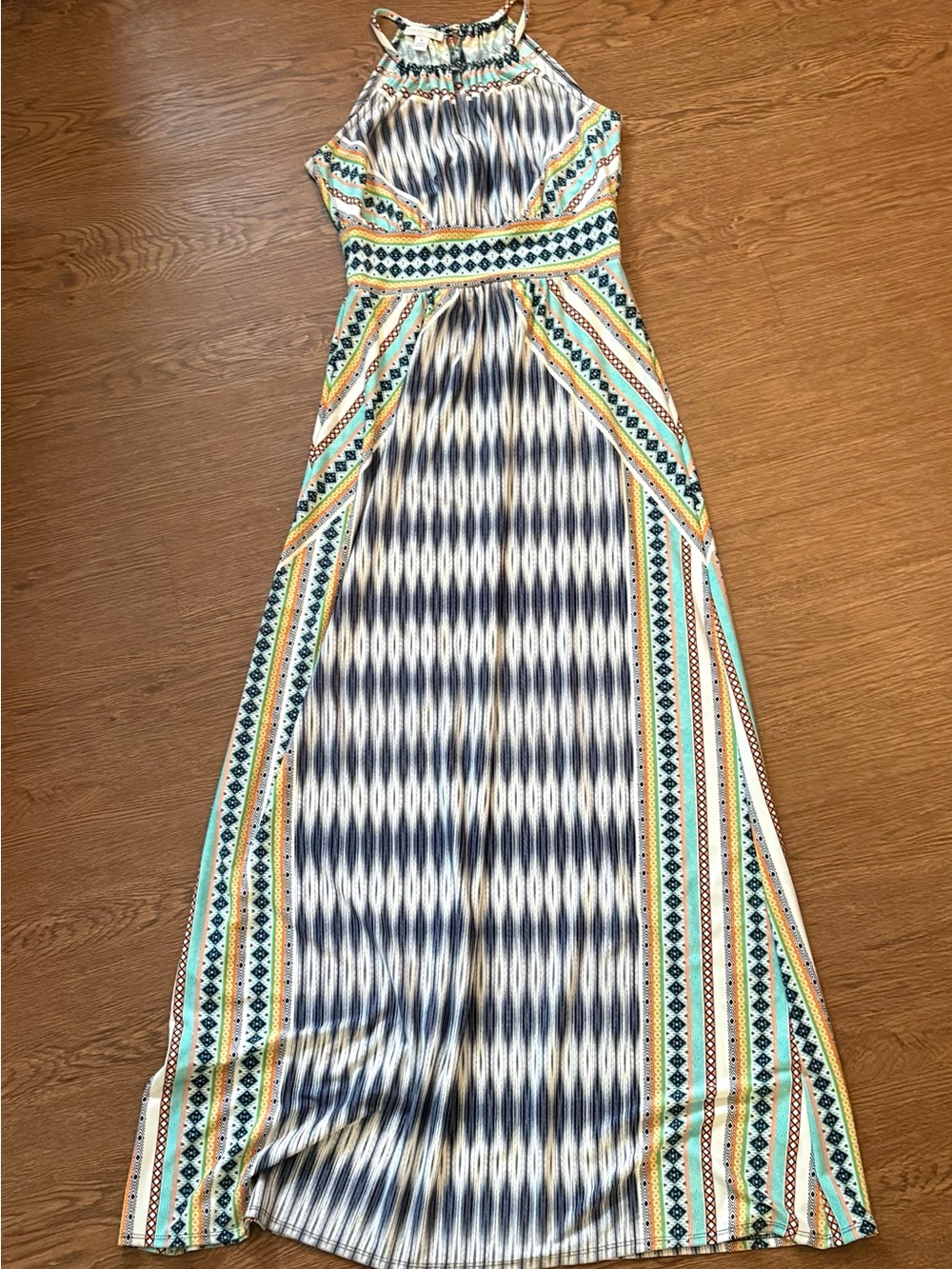 London Times Navy, White & Mint Patterned Halter Maxi Dress